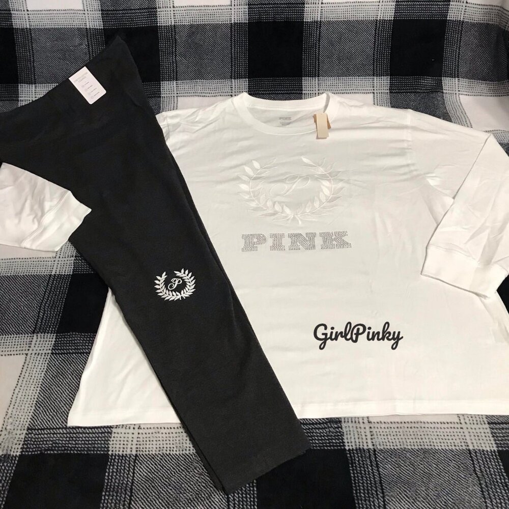 VS PINK DARK GREY COTTON LEGGINGS OUTFIT & CAMPUS LONG SLEEVE BLING LOGO TEE XL